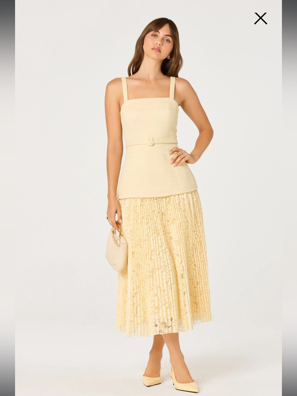 astr the label caitlin butter yellow pleated lace mixed media midi dress small
